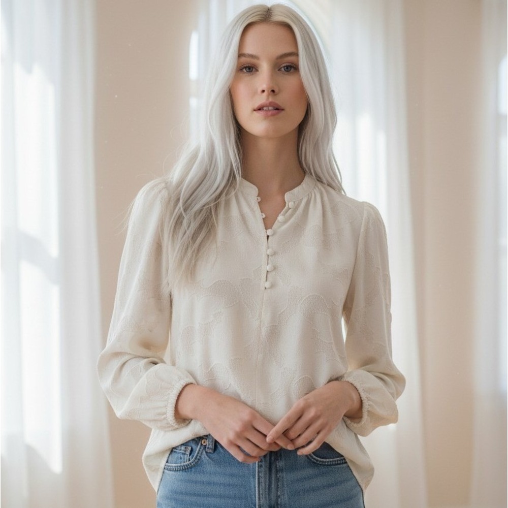 Banana Republic White Top Floral Jacquard Blouse Coquette Ethereal Petite Small